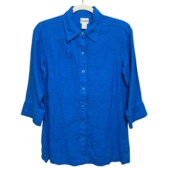 Chico's Sanibel Nayali Button Tunic Top Size 0 US S Cruise Blue 3/4 Sleeve NEW - Picture 1 of 9